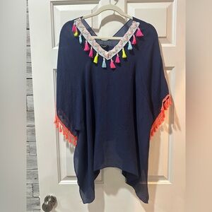 Navy Blue Tassel Trim Women's Gauze Top